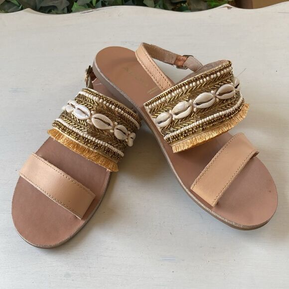 ALDO Belimandra Shell Fringed Beaded Embellish Ankle Strap Flat Sandals Size 6 - Picture 3 of 10
